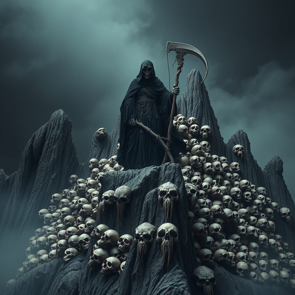 Grim Reaper on Mountain of Skulls: Surrealist Art