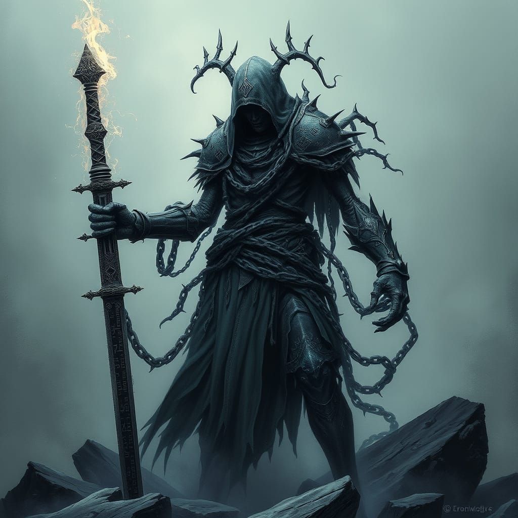 Gothic Warrior in Ethereal Chains, Holding a Cursed Sword