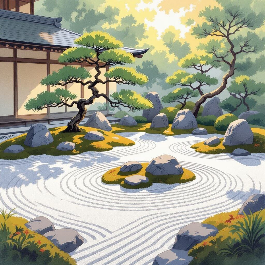Serene Zen Garden with Bonsai in Ukiyo-e Style