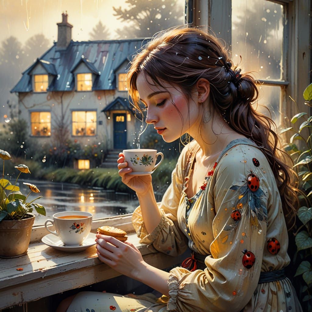 Whimsical Watercolour of Ladybug Woman in Cozy Cottage