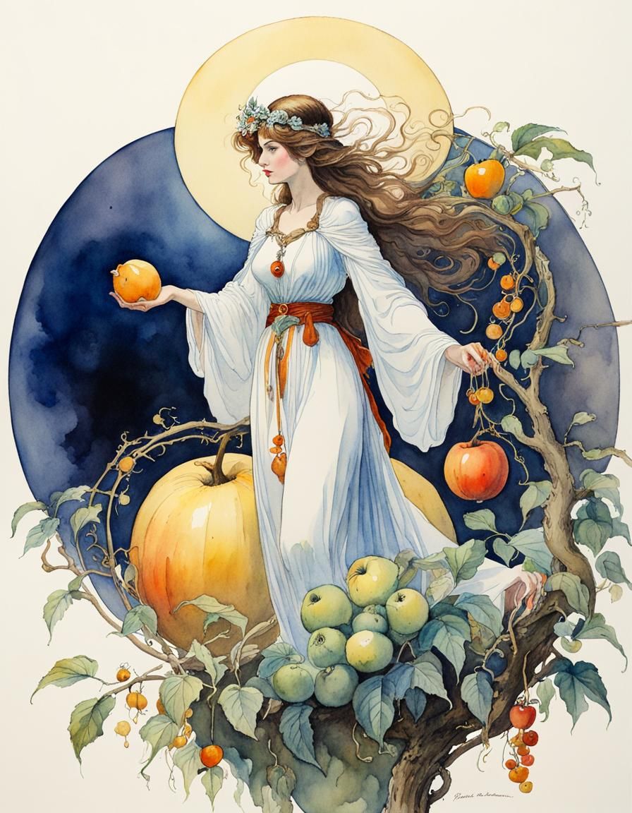 Enchanting Sorceress with Magical Fruit in Watercolor