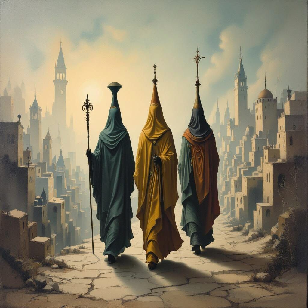 Surreal Three Wise Men in Dreamlike City