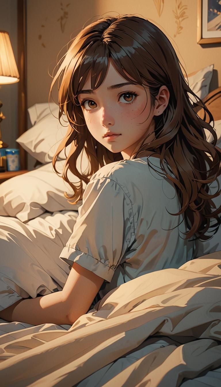 Cinematic Anime Portrait of Girl Zooming to Bed
