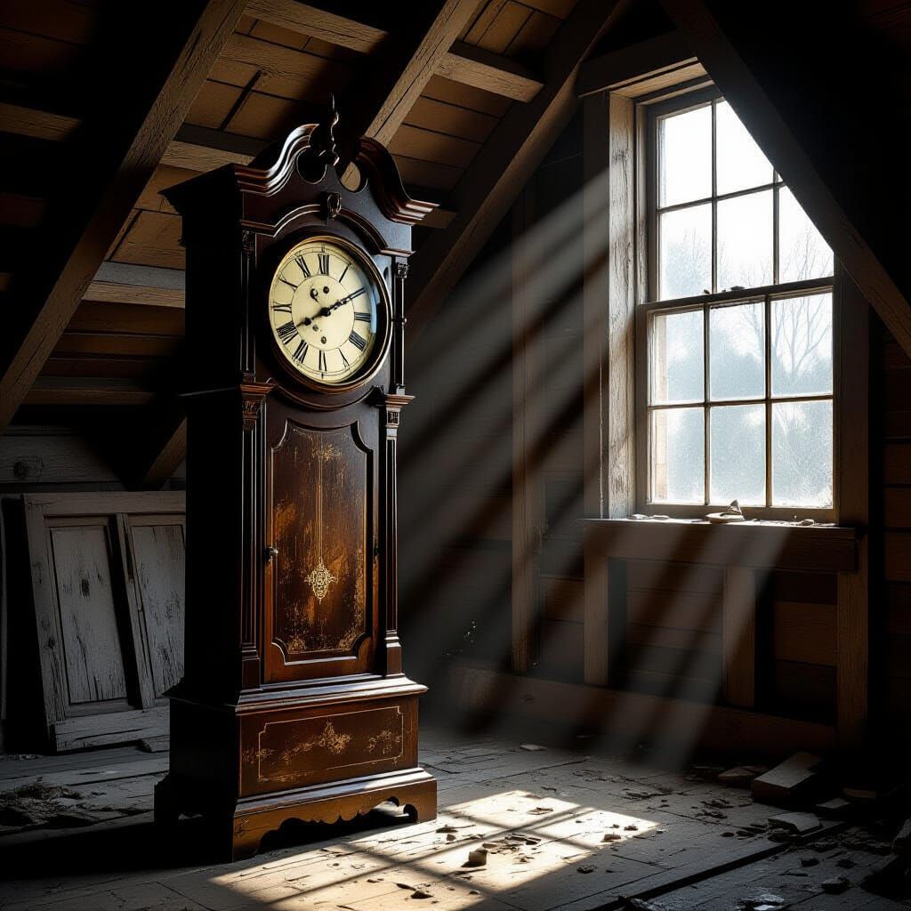 Weathered Grandfather Clock in Dusty Attic, Dutch Golden Age...