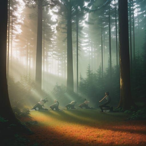 Ethereal Yoga Instructor in a Misty Forest Clearing
