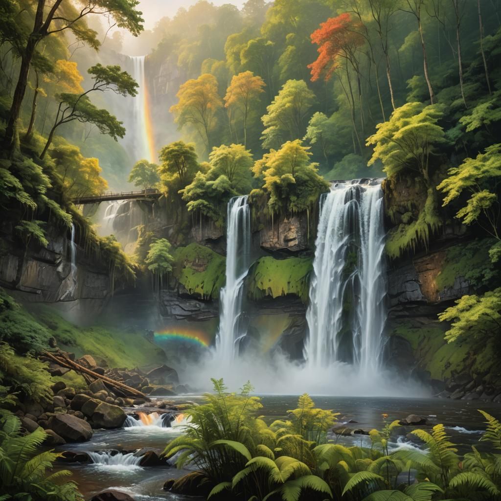 Lush Forest River Waterfall in Triadic Colors