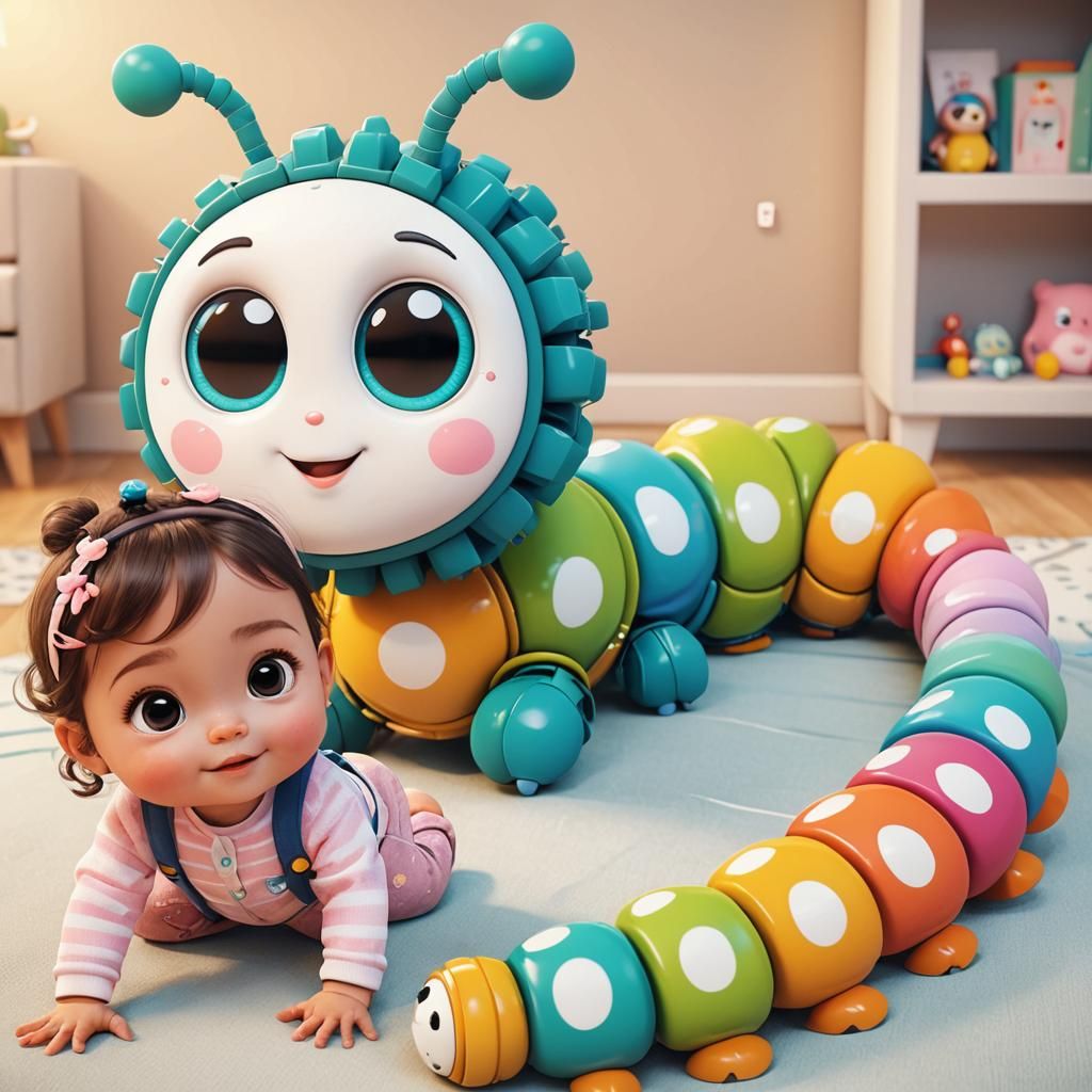 Playful Caterpillar Robot with Baby Girl, 3D Render