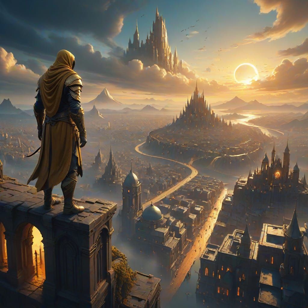 Fantasy Cityscape Concept Art with Lone Figure