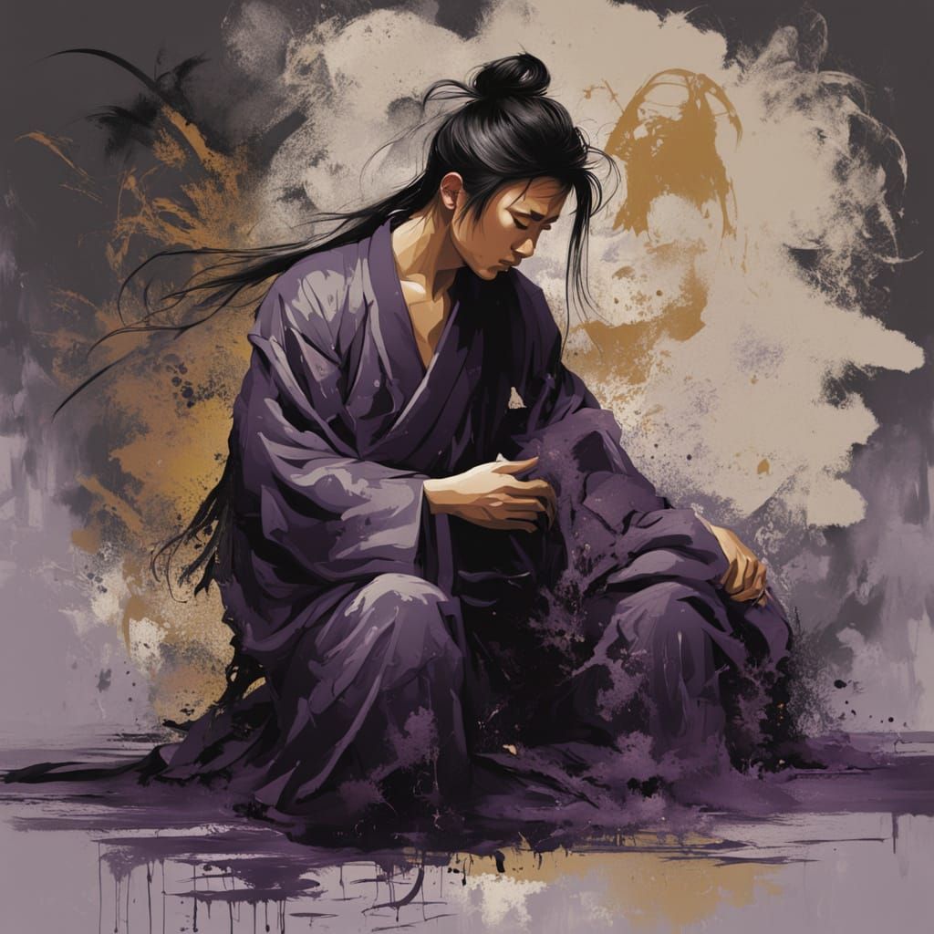 Intense Asian Man Kneeling in Dramatic Digital Painting