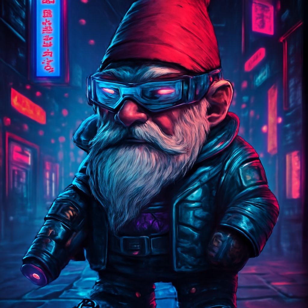 Cyberpunk Gnome in Neon Urban Landscape