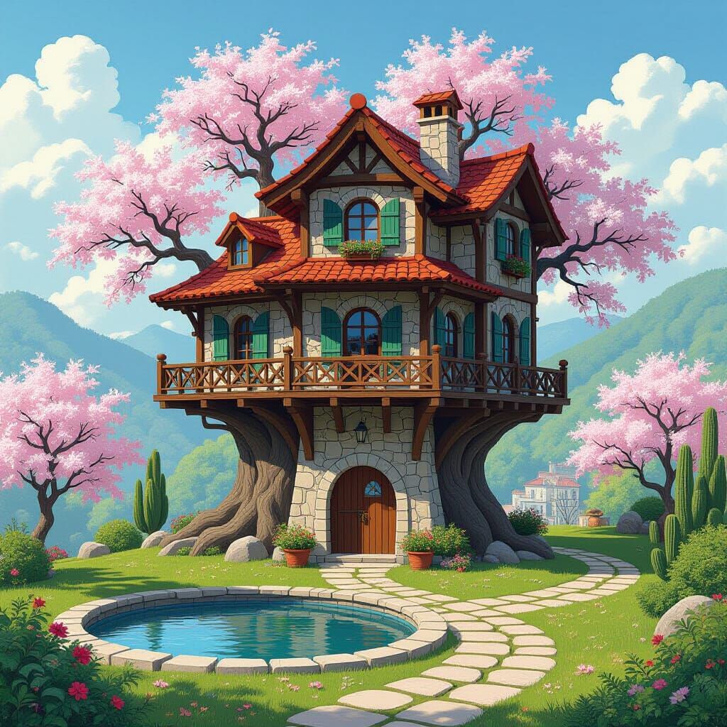 Global Architectural Treehouse in Studio Ghibli Style