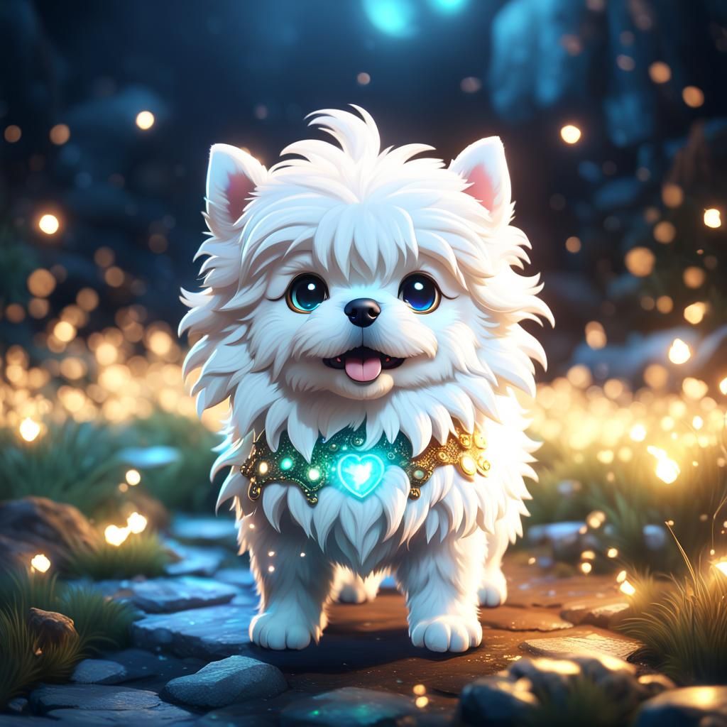 Cute Chibi White Dog with Glowing Sparkles