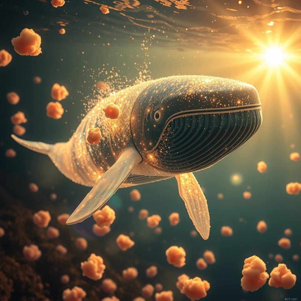 In a pure underwater background with colored cotton wool, a radiant, glowing whale, made of translucent light.  The body...