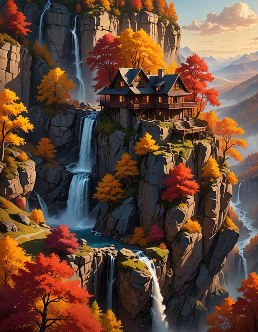 Autumn Cliffside House with Waterfalls in Matte Painting Sty...