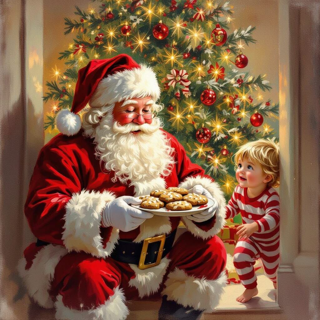 Jolly Santa Enjoys Cookies While Child Sneaks Downstairs