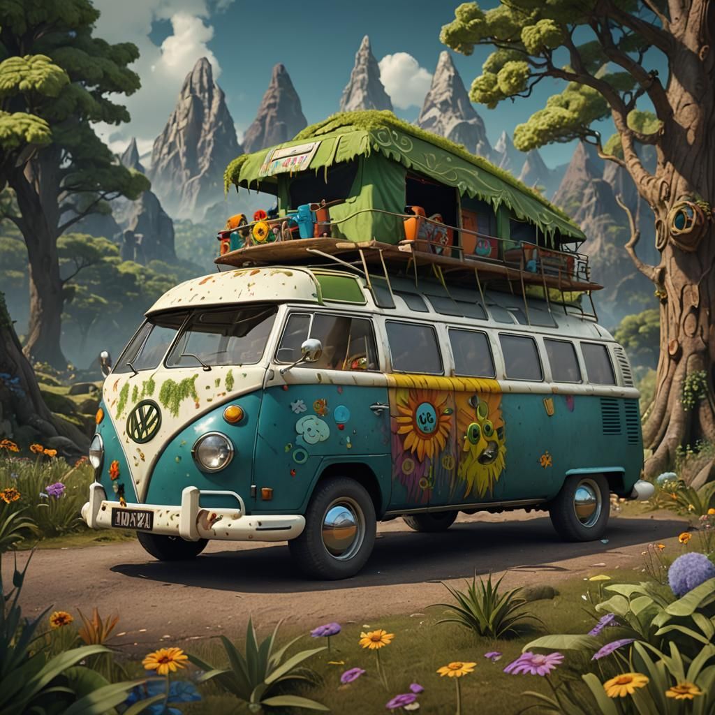 A VW split screen camper van, hippy van with Googly Eyes, mo...