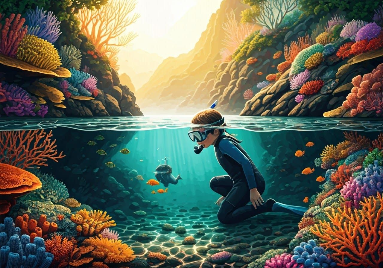 Child Amidst Tropical Marine Life in Hyper-Realistic Brushst...