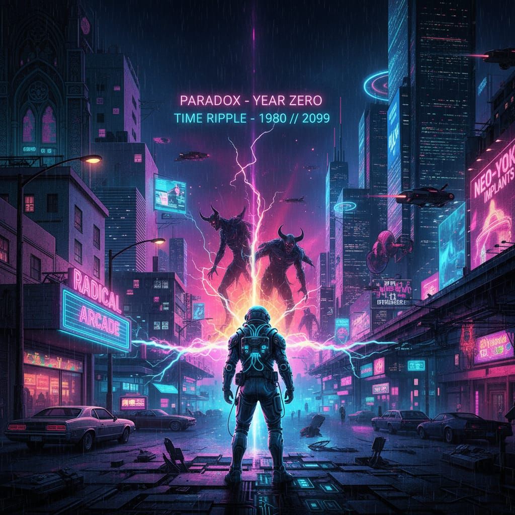 Time Traveler's Paradox: Cyberpunk Neon Horror