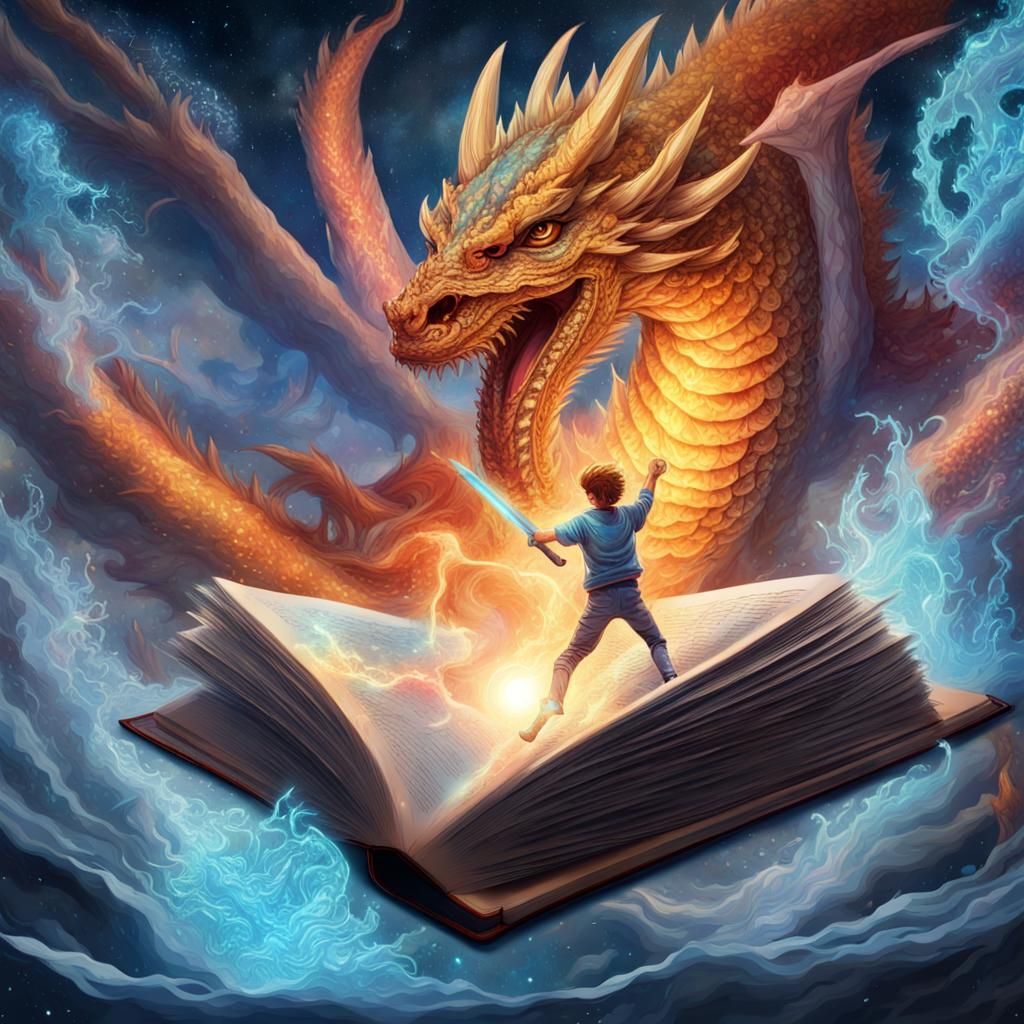 Boy and Ice Dragon Emerge from Book