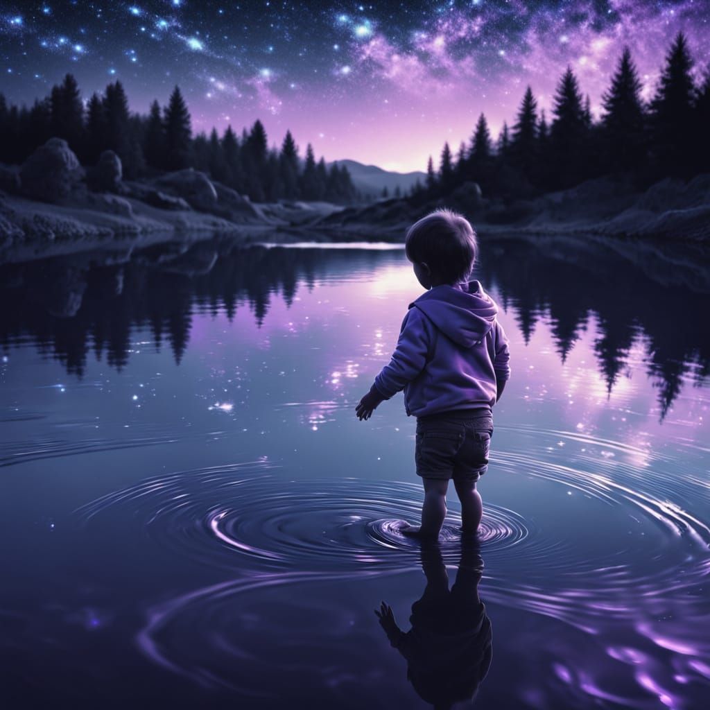 Child Touches Starry Lake: Monochrome Digital Art