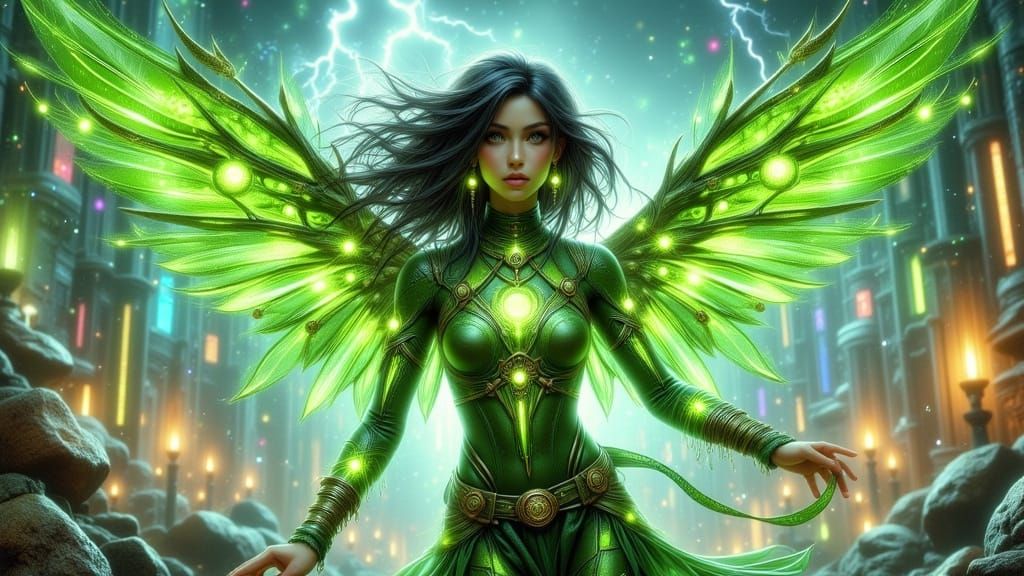 Asian Superhero in Lime Armor with Lightning Wings