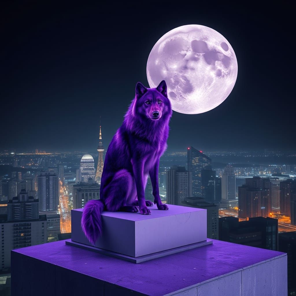 Purple Wolf Above City at Night
