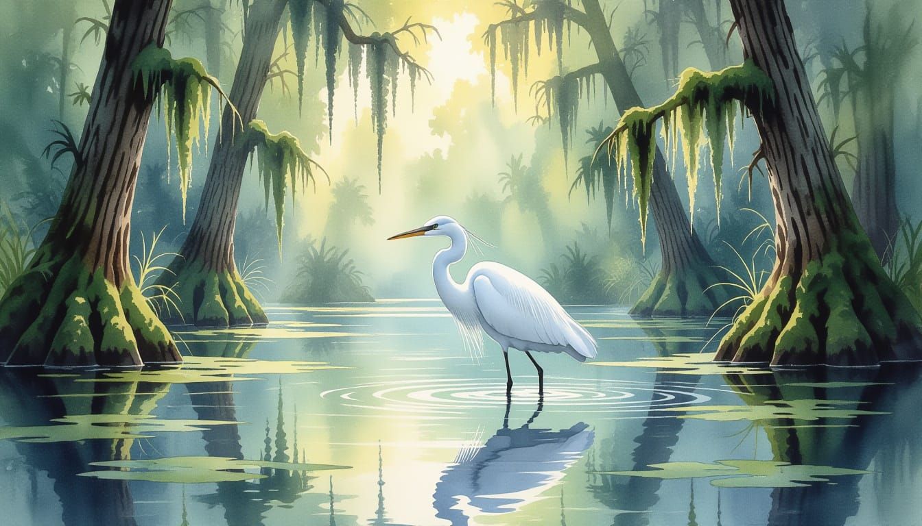 Great White Heron in Misty Swamp Watercolor Painting