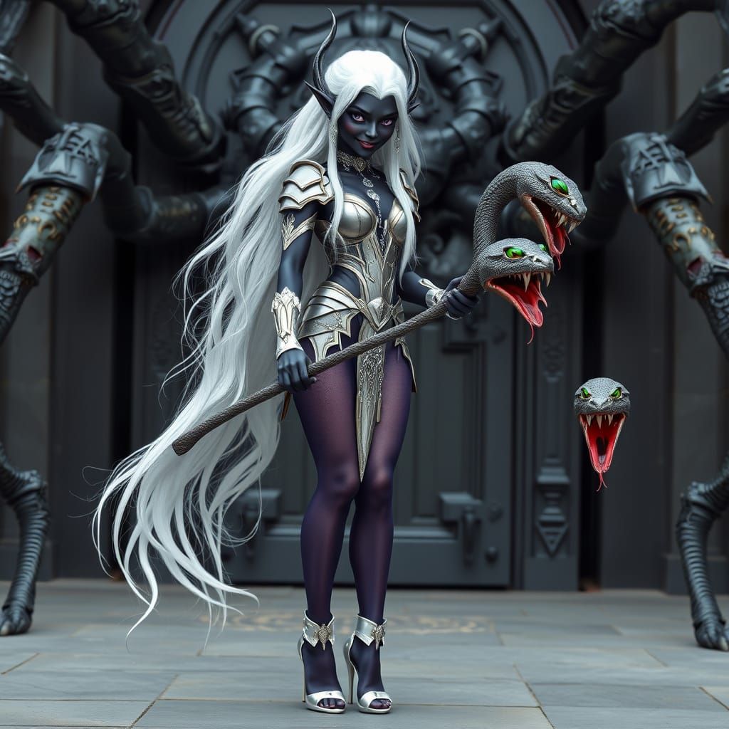Dark Elf Priestess with Snake Whip, Photorealistic 4K