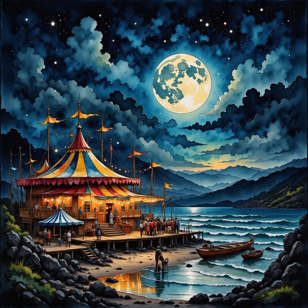 Ocean Circus at Night in Water Ink Style