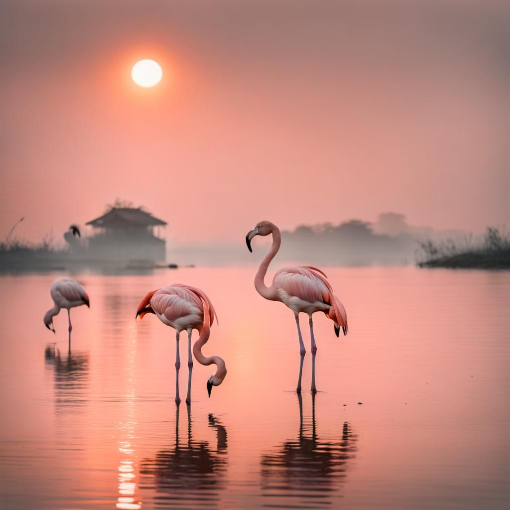 Pale Pink Flamingos at Dawn in Guilin