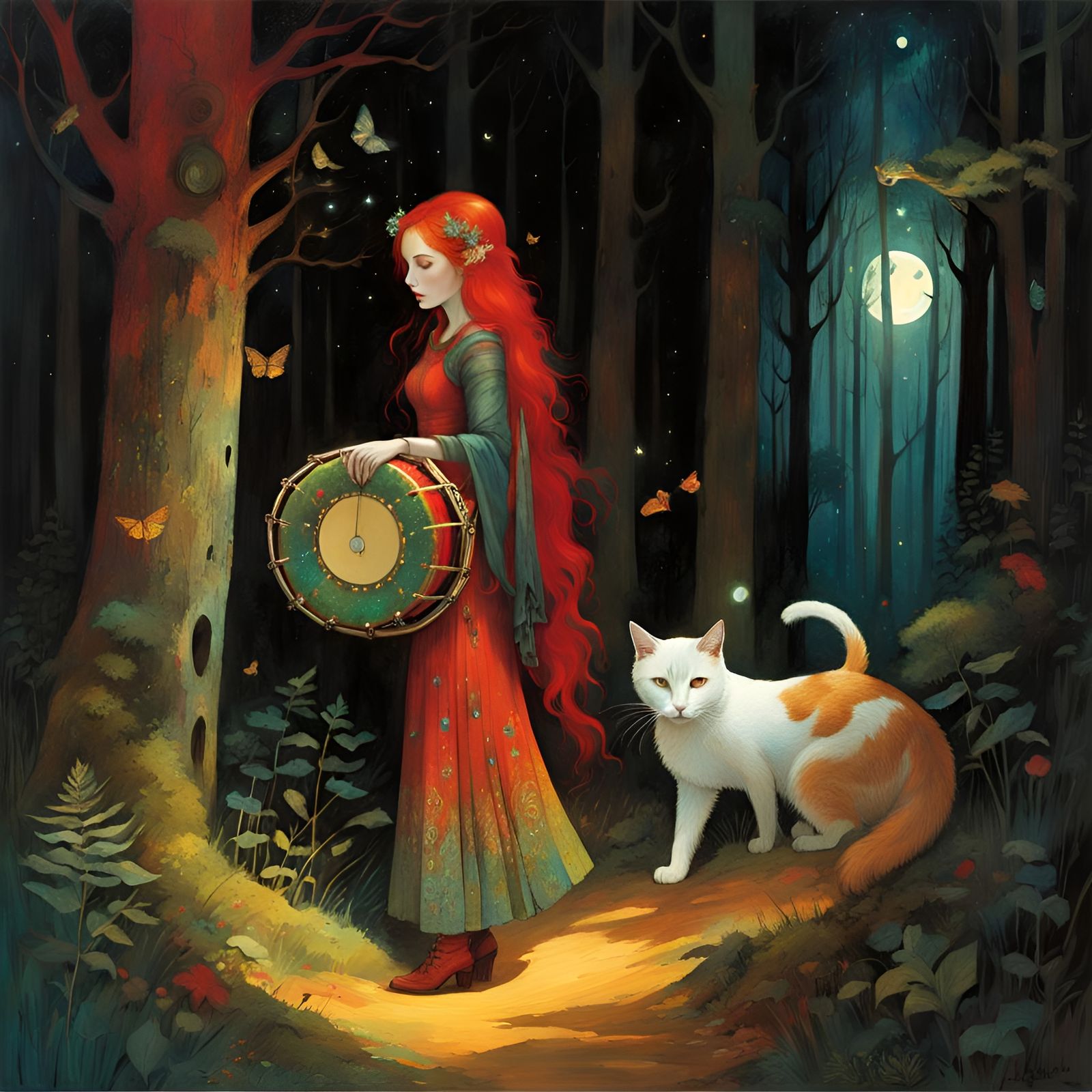 girl with tambourine and cat