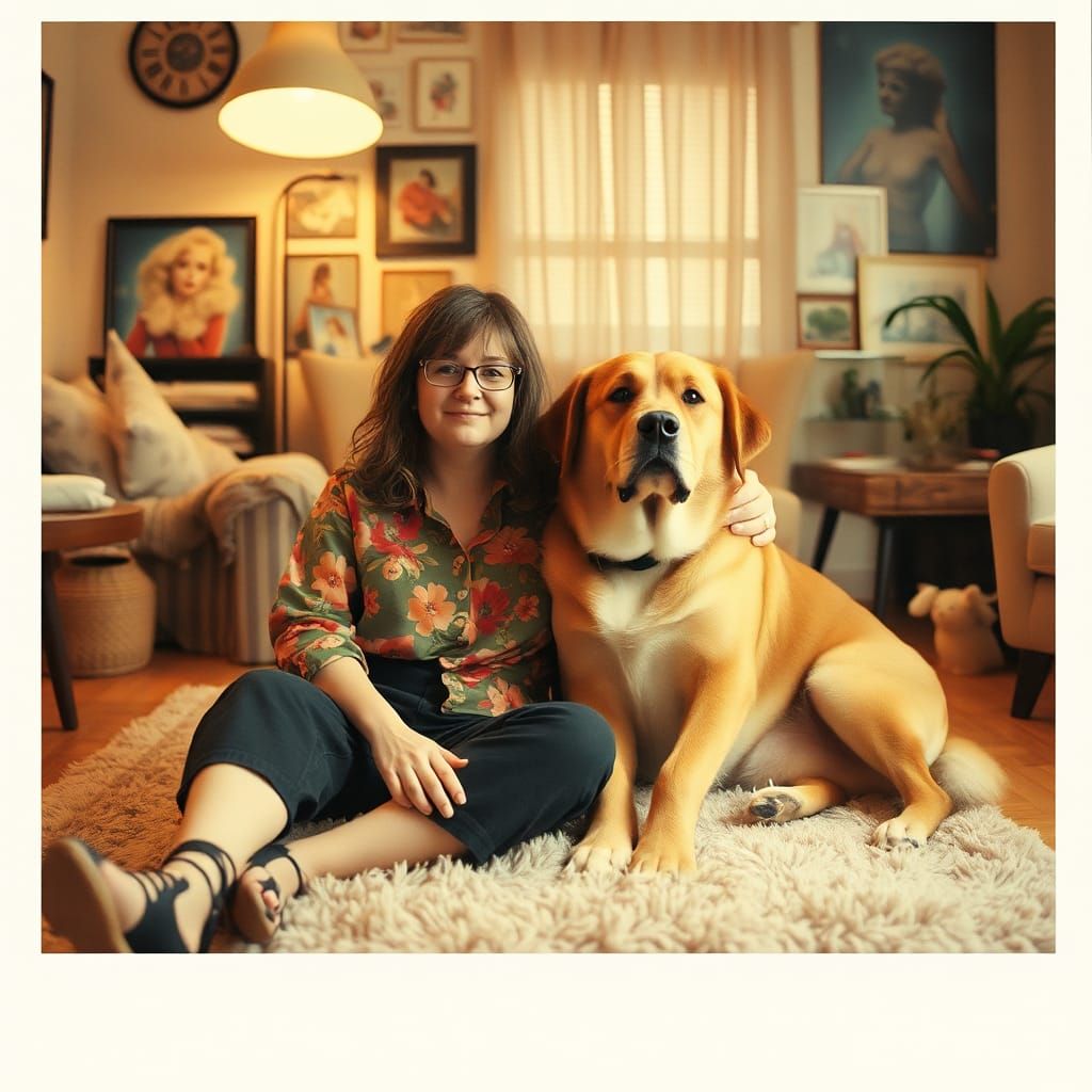 Cozy Polaroid Photo of Woman with Dog