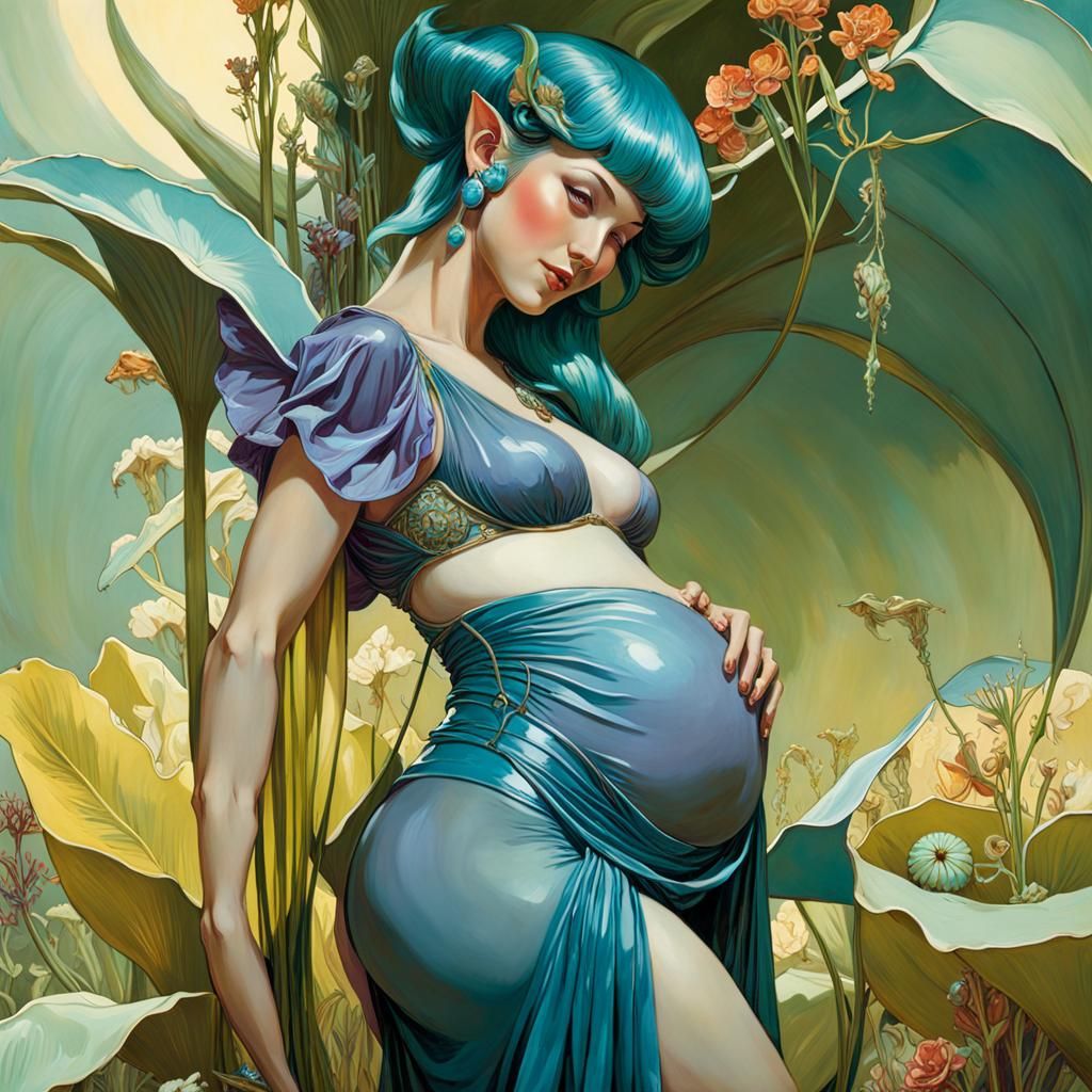 Turquoise Pregnant Elf Portrait in Art Nouveau Style