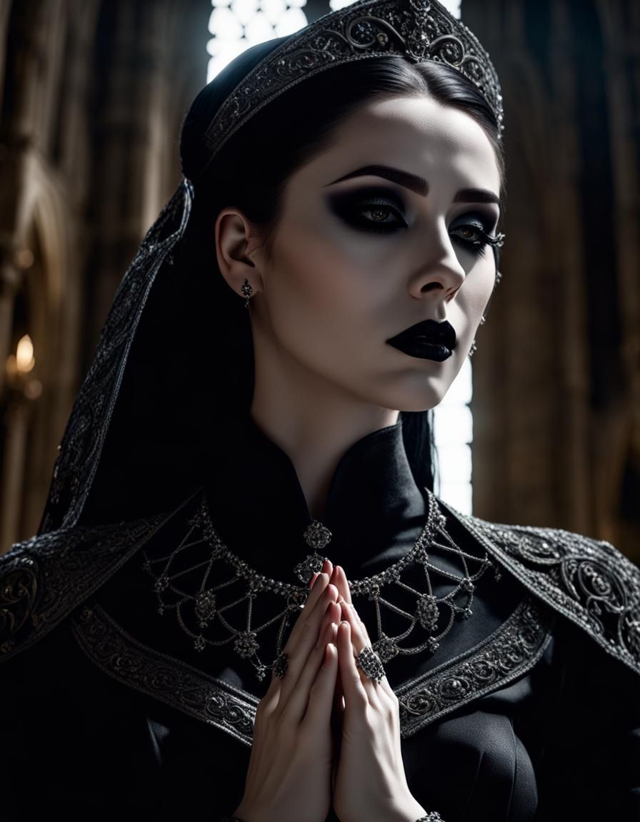 Gothic Woman Praying in Cathedral: Photorealistic Horror