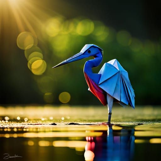 Rainbow Origami Heron: Intricate 8k Photoillustration