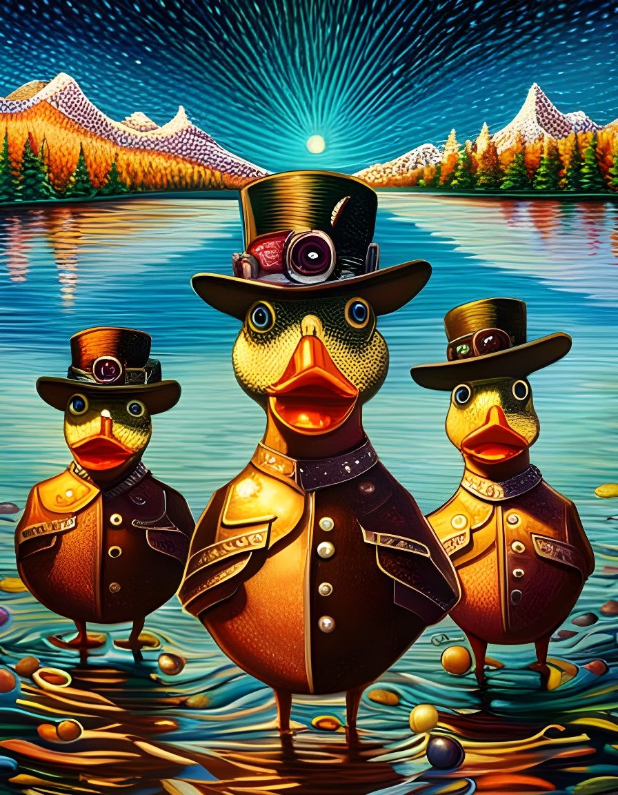 Steampunk Duck Family in Shimmering Light