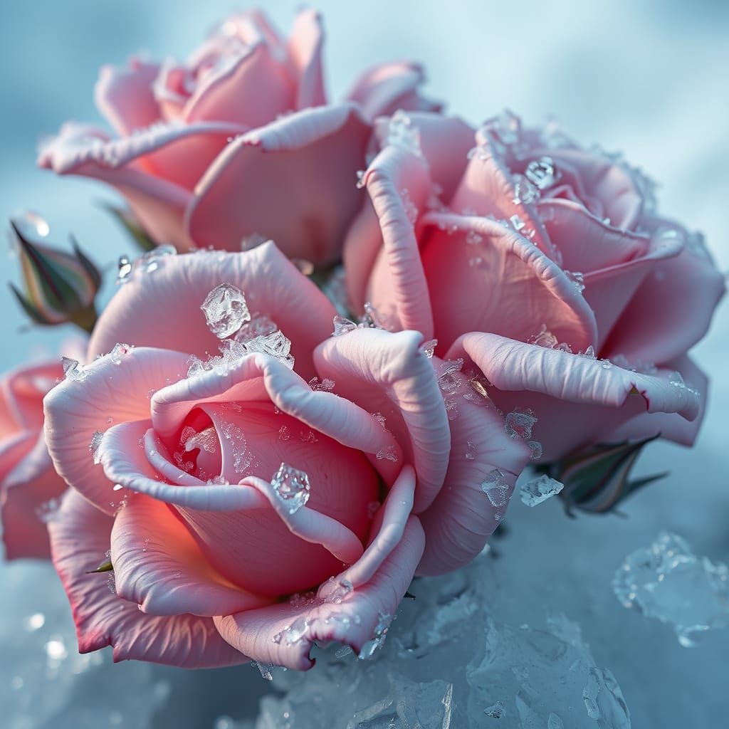 Surreal Hyperrealistic Roses Trapped in Frozen Crystal