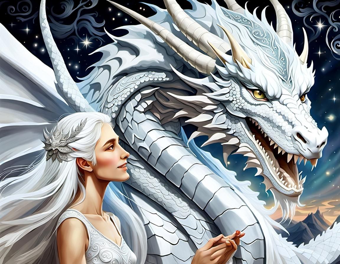 Majestic White Dragon Adoring a Fairy Daughter