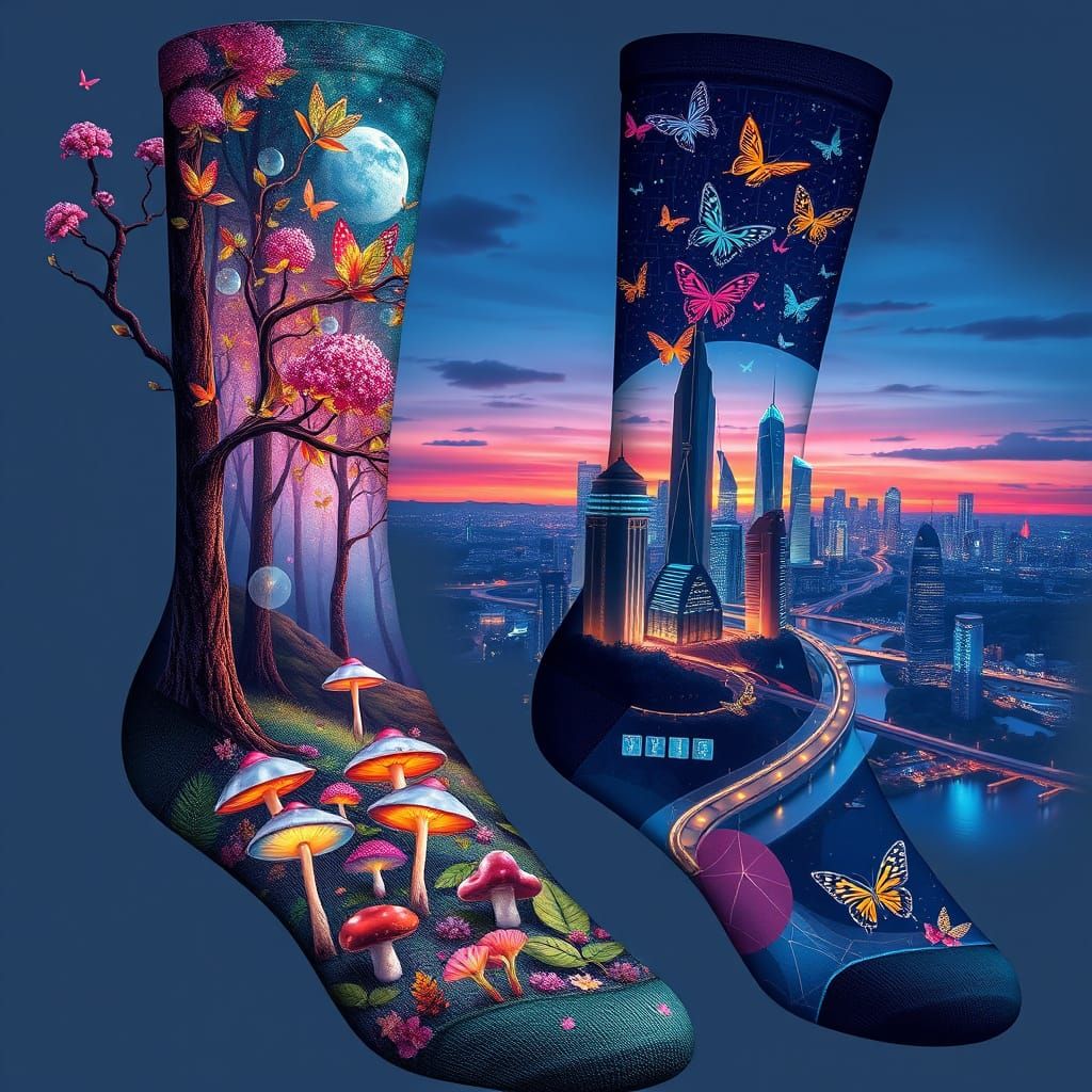 Mystical Forest Meets Cyberpunk Cityscape on Socks