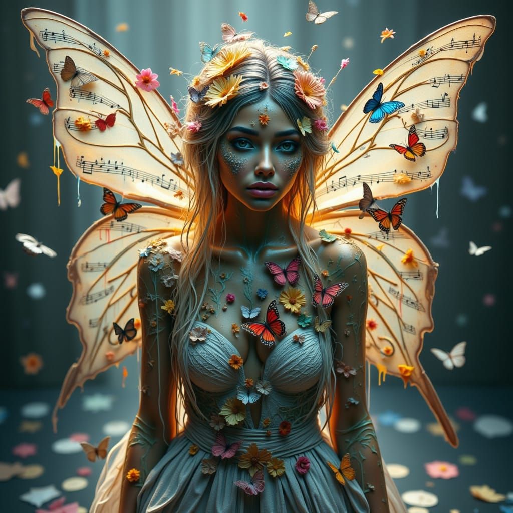 Musical Score Wings: A Surreal Portrait in Light