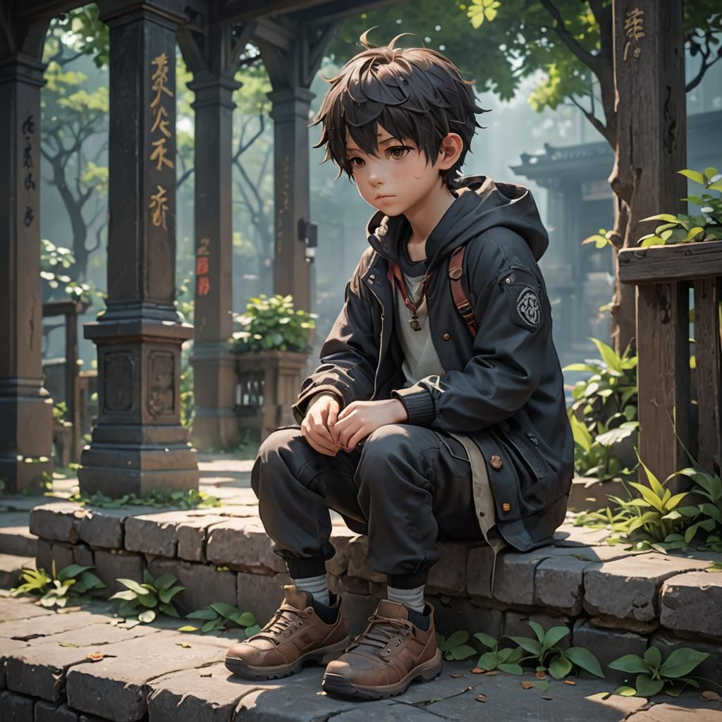 Lonely Boy in Anime Style, Detailed 3D Art