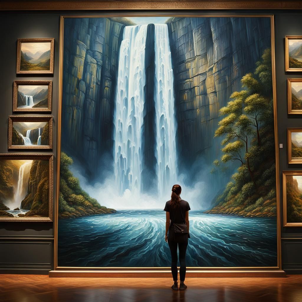 Waterfall Painting Leaks in Museum, Hyperrealistic Image