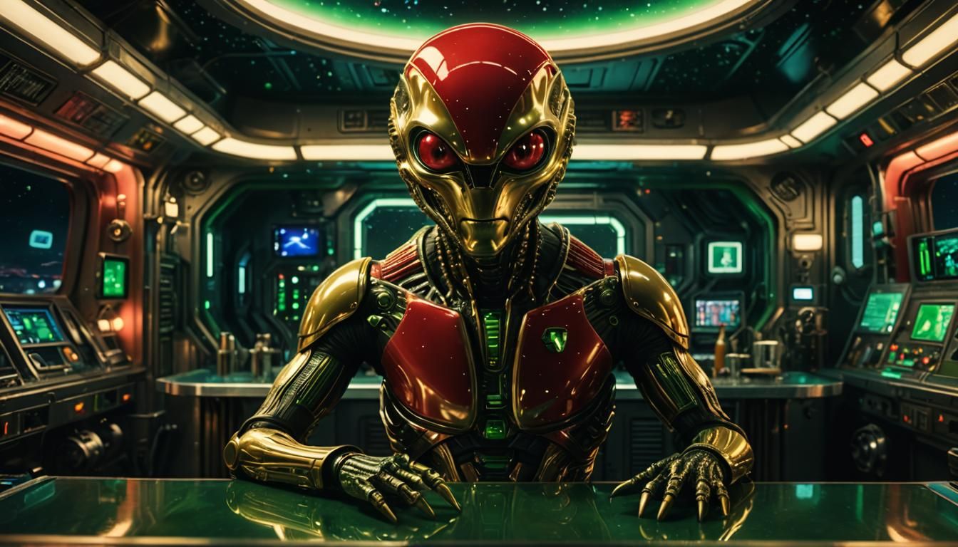 Alien in Space Station Bar, Surreal Cosmic Art