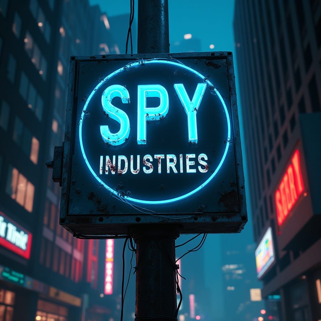 Dark Neon Sign for Shadowy Spy Agency in 80s Cyberpunk City
