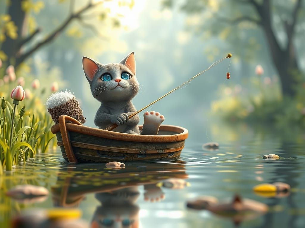Anthropomorphic Cat Fishing: 3D Anime Art