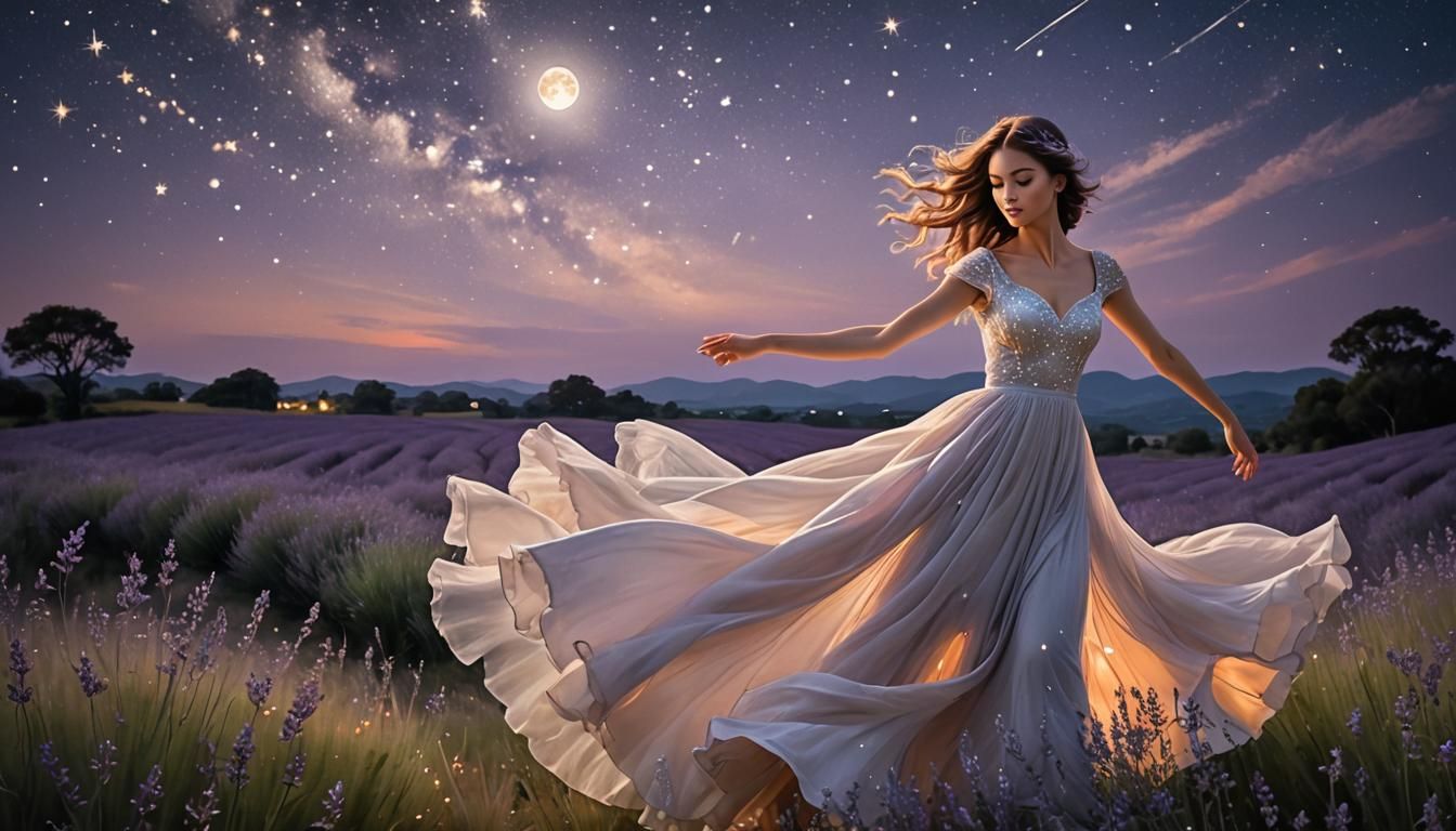 Girl Dancing in Moonlit Field, Watercolor Painting