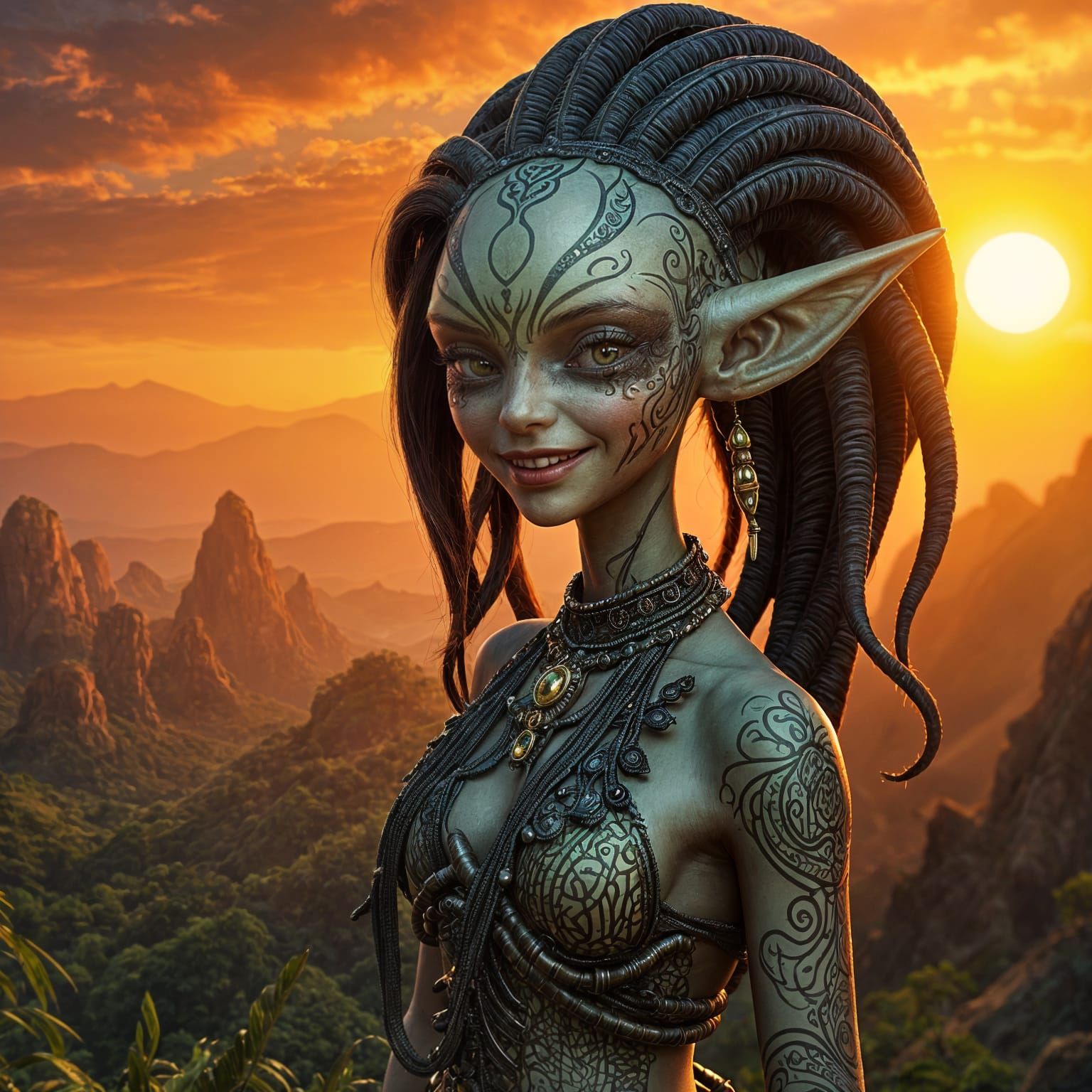 Hyperrealistic Alien Goddess Rises with Morning Sun