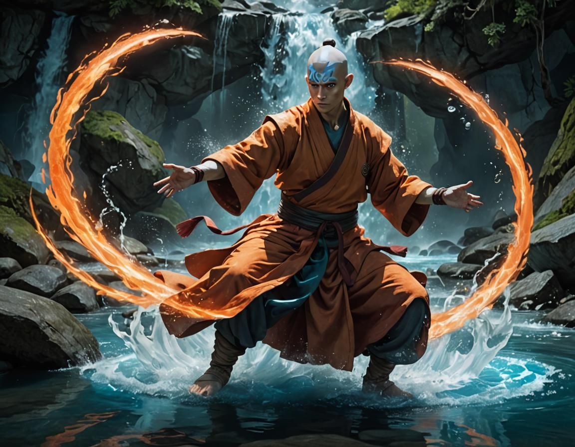 Airbender in Martial Arts Pose with Water Bending