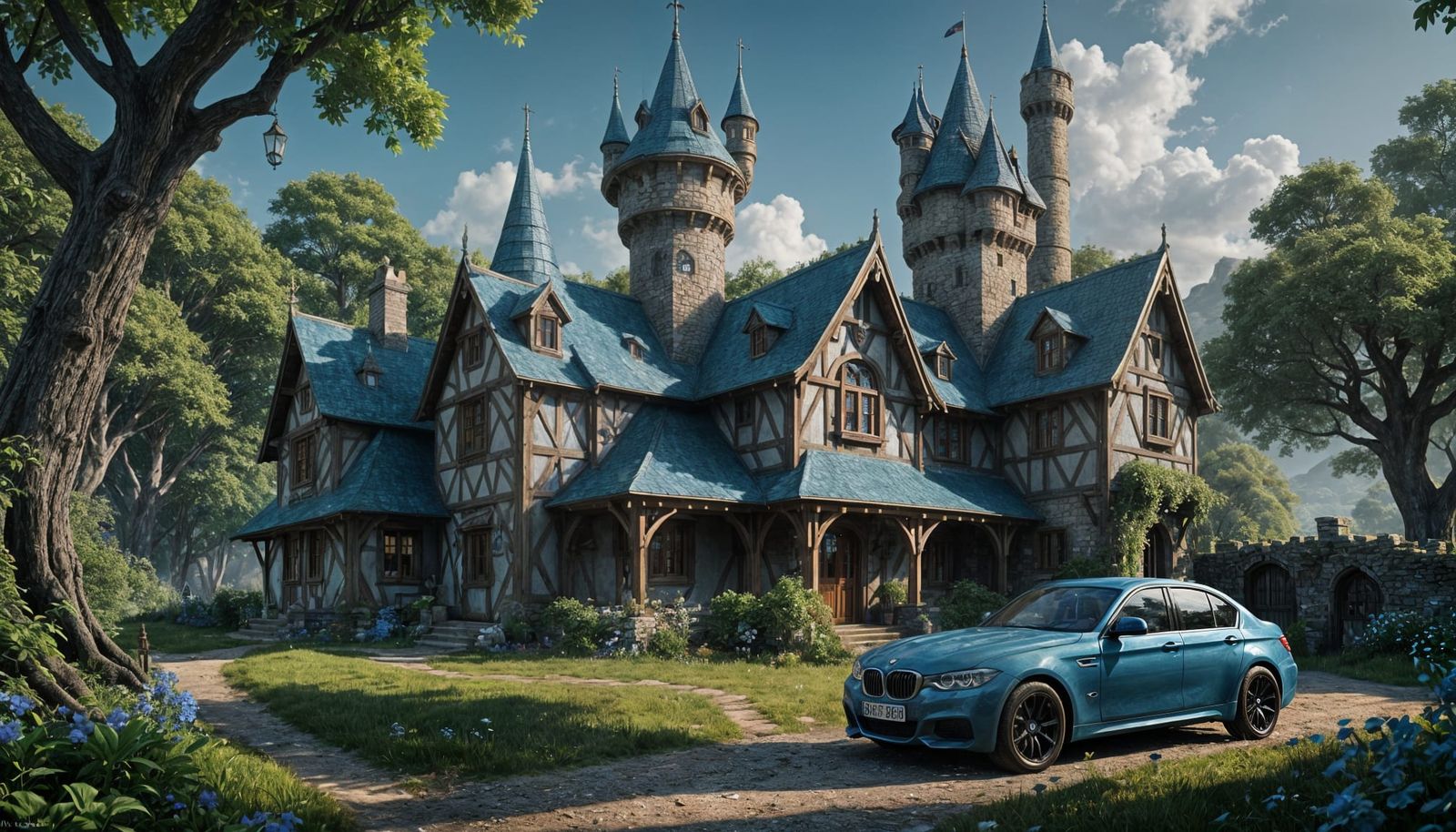 Blue 1924 BMW and Elvish Cottage, Detailed Matte Painting