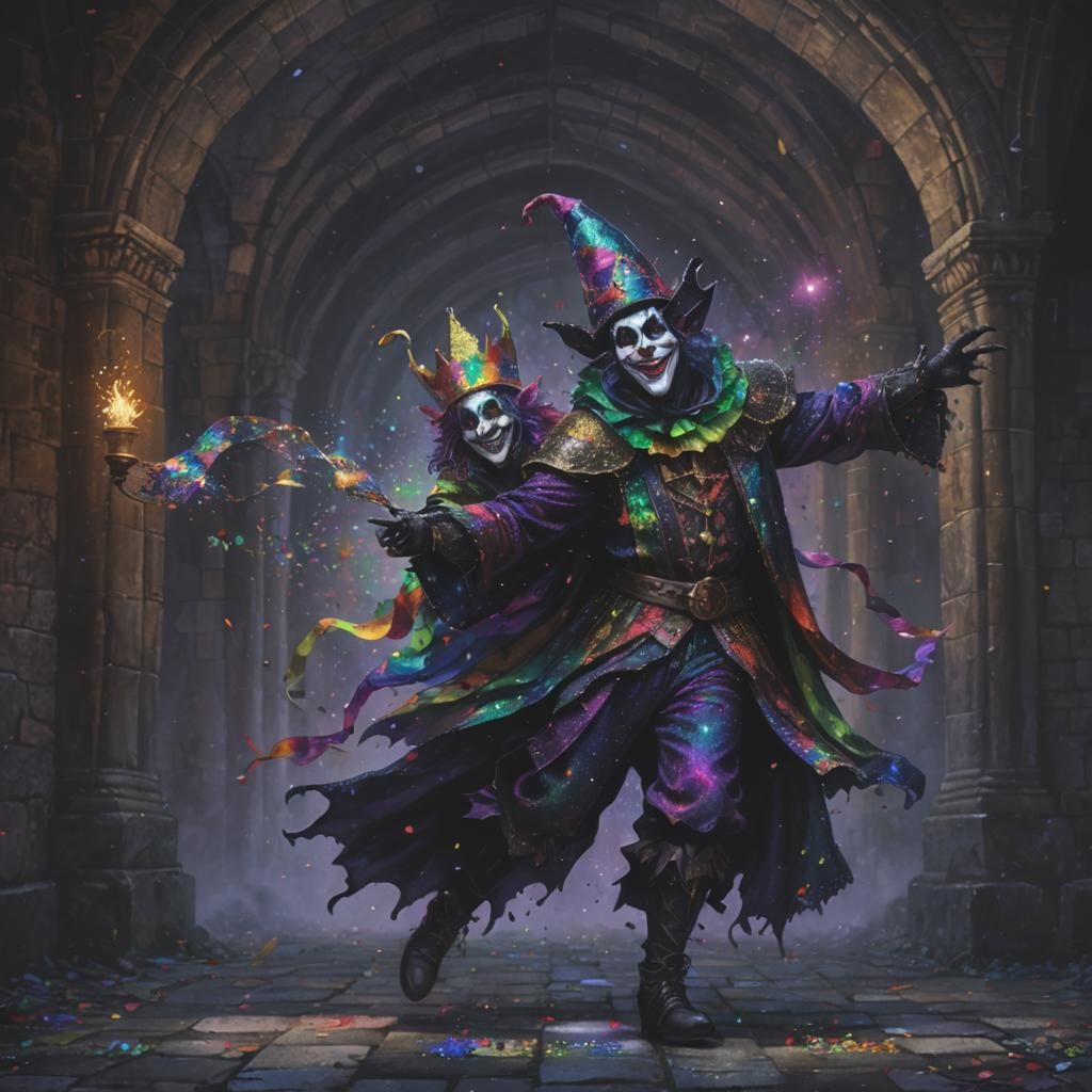 Sinister Jester Running in Dark Fantasy Pointillism